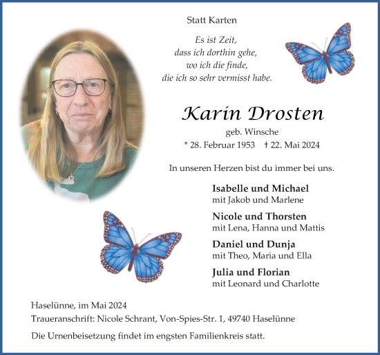 Traueranzeige von Karin Drosten von Neue Osnabrücker Zeitung GmbH & Co. KG