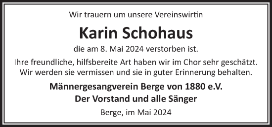 Traueranzeige von Karin Schohaus von Neue Osnabrücker Zeitung GmbH & Co. KG