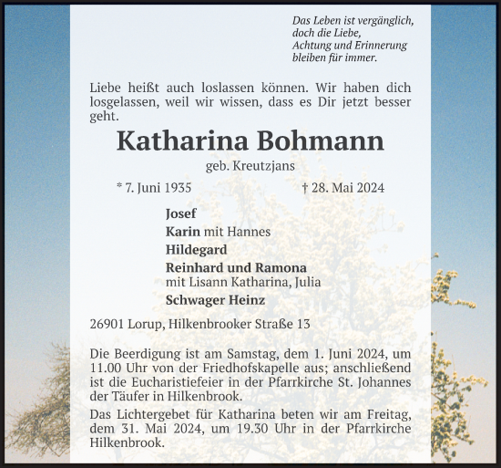 Traueranzeige von Katharina Bohmann von Neue Osnabrücker Zeitung GmbH & Co. KG
