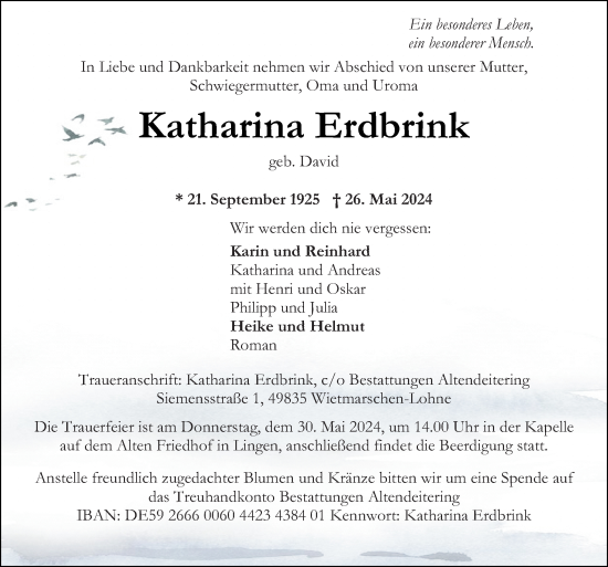 Traueranzeige von Katharina Erdbrink von Neue Osnabrücker Zeitung GmbH & Co. KG