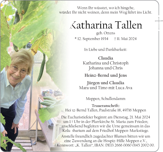 Traueranzeige von Katharina Tallen von Neue Osnabrücker Zeitung GmbH & Co. KG