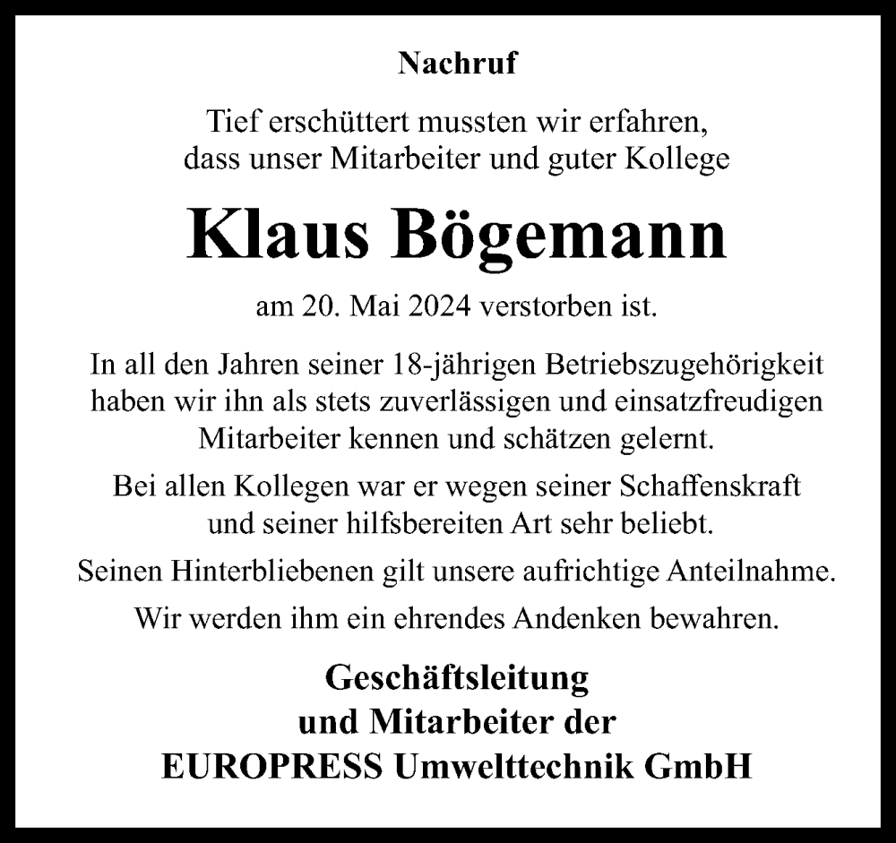  Traueranzeige für Klaus Bögemann vom 29.05.2024 aus Neue Osnabrücker Zeitung GmbH & Co. KG