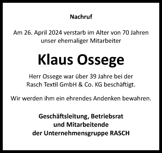 Traueranzeige von Klaus Ossege von Neue Osnabrücker Zeitung GmbH & Co. KG