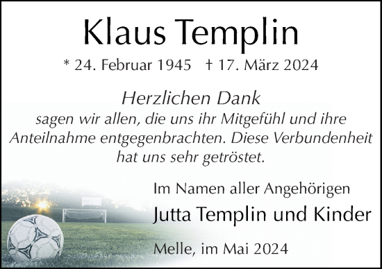 Traueranzeige von Klaus Templin von Neue Osnabrücker Zeitung GmbH & Co. KG