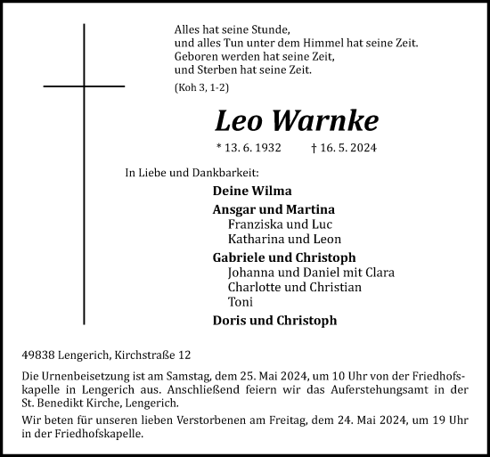 Traueranzeige von Leo Warnke von Neue Osnabrücker Zeitung GmbH & Co. KG