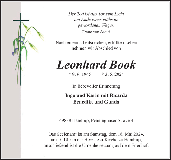Traueranzeige von Leonhard Book von Neue Osnabrücker Zeitung GmbH & Co. KG