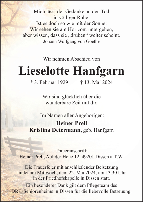 Traueranzeige von Lieselotte Hanfgarn von Neue Osnabrücker Zeitung GmbH & Co. KG