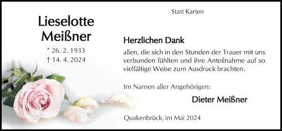 Traueranzeige von Lieselotte Meißner von Neue Osnabrücker Zeitung GmbH & Co. KG