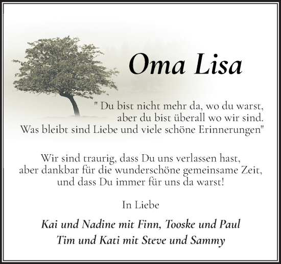 Traueranzeige von Lisa  von DK Medien GmbH & Co. KG
