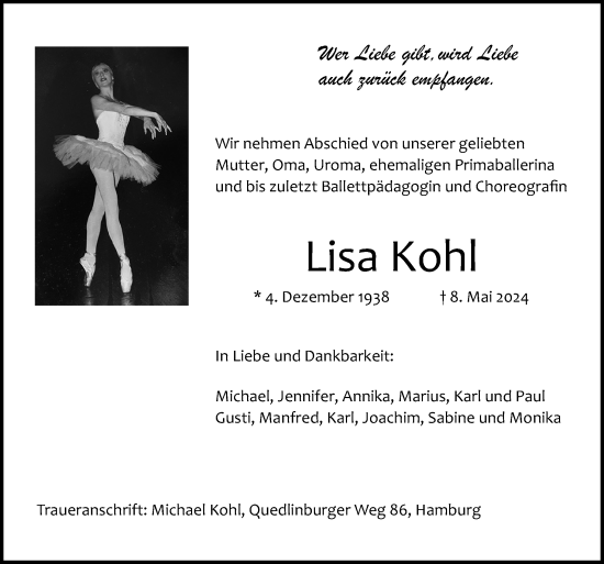 Traueranzeige von Lisa Kohl von Neue Osnabrücker Zeitung GmbH & Co. KG