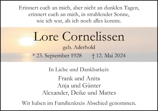 Traueranzeige von Lore Cornelissen von Neue Osnabrücker Zeitung GmbH & Co. KG