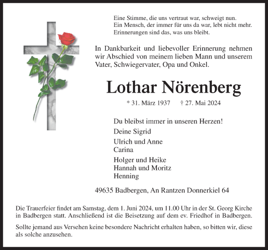 Traueranzeige von Lothar Nörenberg von Neue Osnabrücker Zeitung GmbH & Co. KG