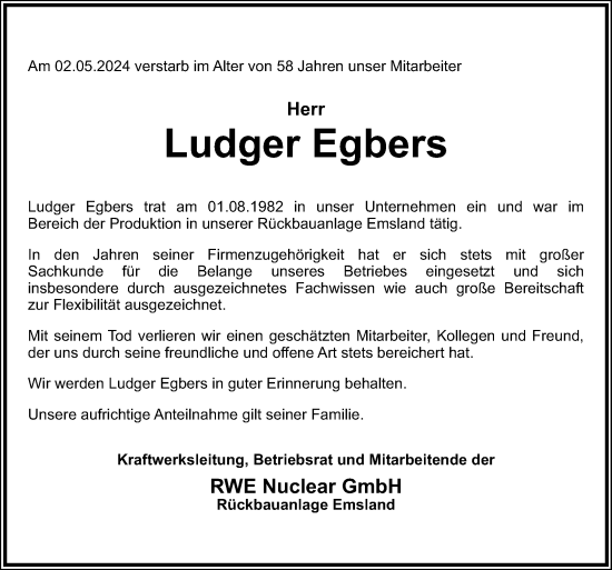 Traueranzeige von Ludger Egbers von Neue Osnabrücker Zeitung GmbH & Co. KG