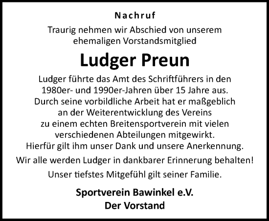 Traueranzeige von Ludger Preun von Neue Osnabrücker Zeitung GmbH & Co. KG