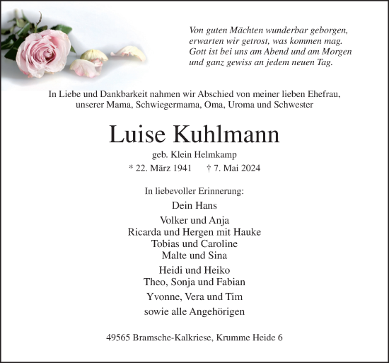 Traueranzeige von Luise Kuhlmann von Neue Osnabrücker Zeitung GmbH & Co. KG