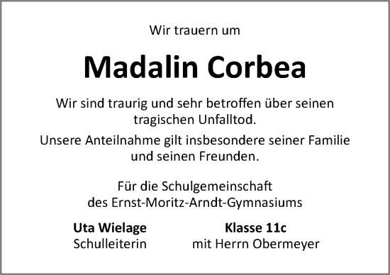 Traueranzeige von Madalin Corbea von Neue Osnabrücker Zeitung GmbH & Co. KG