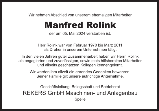 Traueranzeige von Manfred Rolink von Neue Osnabrücker Zeitung GmbH & Co. KG