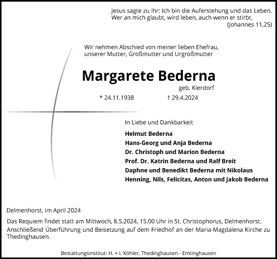 Traueranzeige von Margarete Bederna von DK Medien GmbH & Co. KG