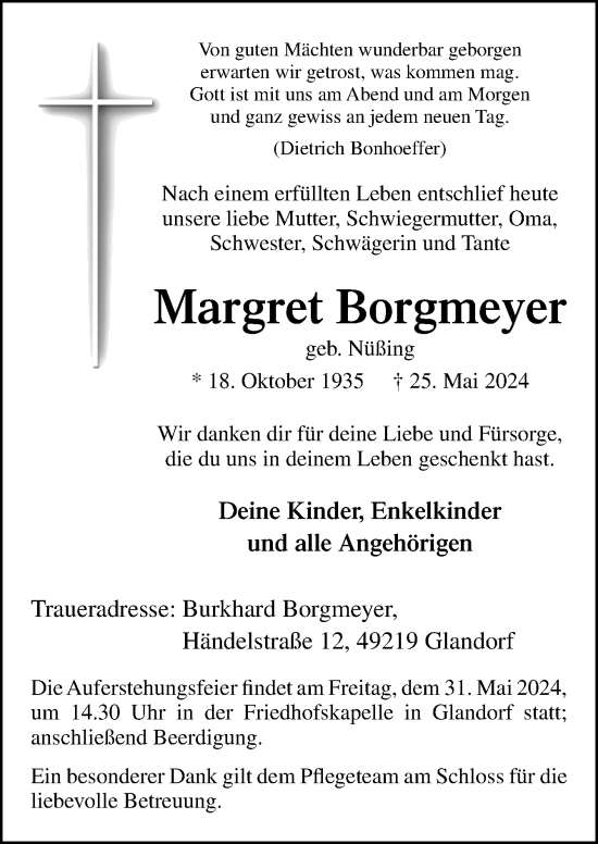 Traueranzeige von Margret Borgmeyer von Neue Osnabrücker Zeitung GmbH & Co. KG
