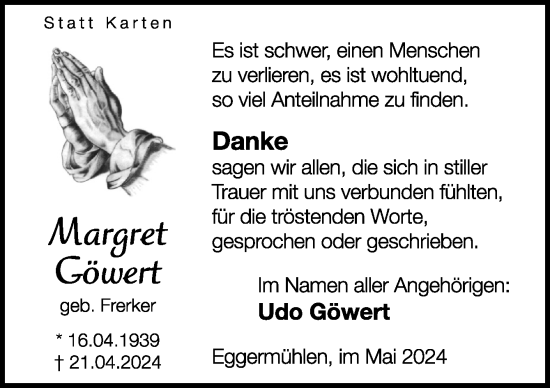 Traueranzeige von Margret Göwert von Neue Osnabrücker Zeitung GmbH & Co. KG