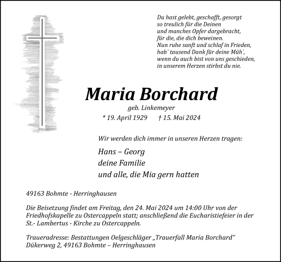Traueranzeige von Maria Borchard von Neue Osnabrücker Zeitung GmbH & Co. KG