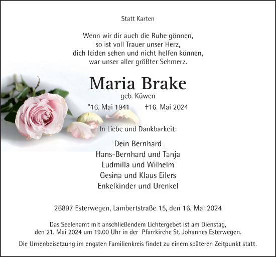 Traueranzeige von Maria Brake von Neue Osnabrücker Zeitung GmbH & Co. KG
