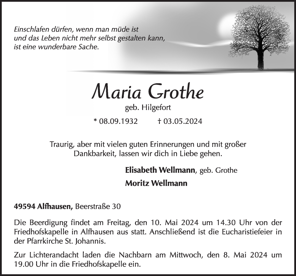  Traueranzeige für Maria Grothe vom 06.05.2024 aus Neue Osnabrücker Zeitung GmbH & Co. KG
