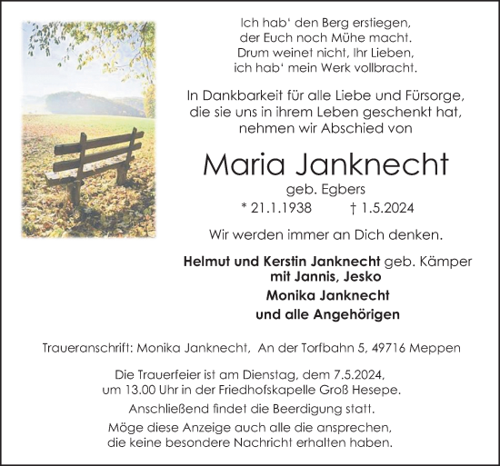 Traueranzeige von Maria Janknecht von Neue Osnabrücker Zeitung GmbH & Co. KG