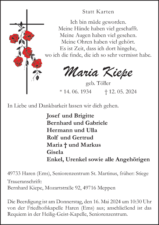 Traueranzeige von Maria Kiepe von Neue Osnabrücker Zeitung GmbH & Co. KG
