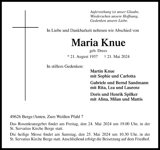 Traueranzeige von Maria Knue von Neue Osnabrücker Zeitung GmbH & Co. KG