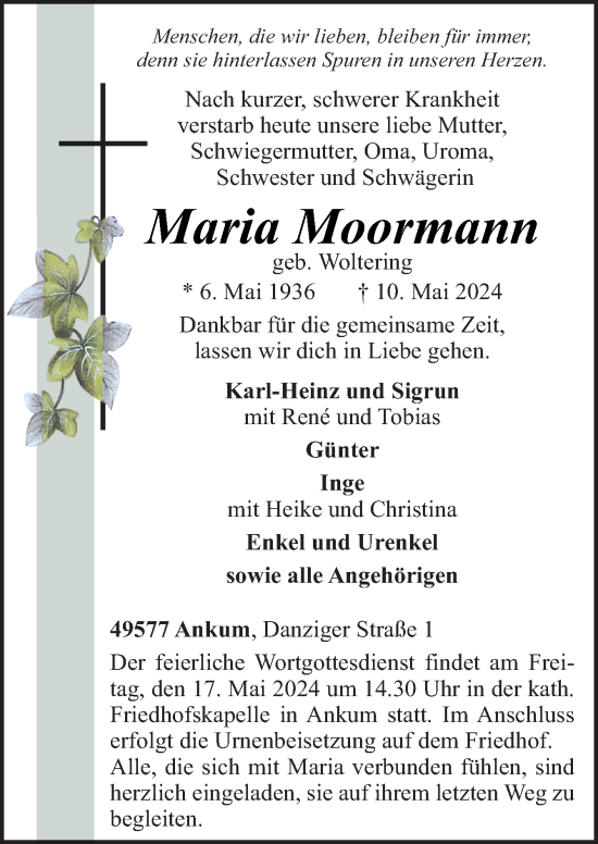 Traueranzeige von Maria Moormann von Neue Osnabrücker Zeitung GmbH & Co. KG