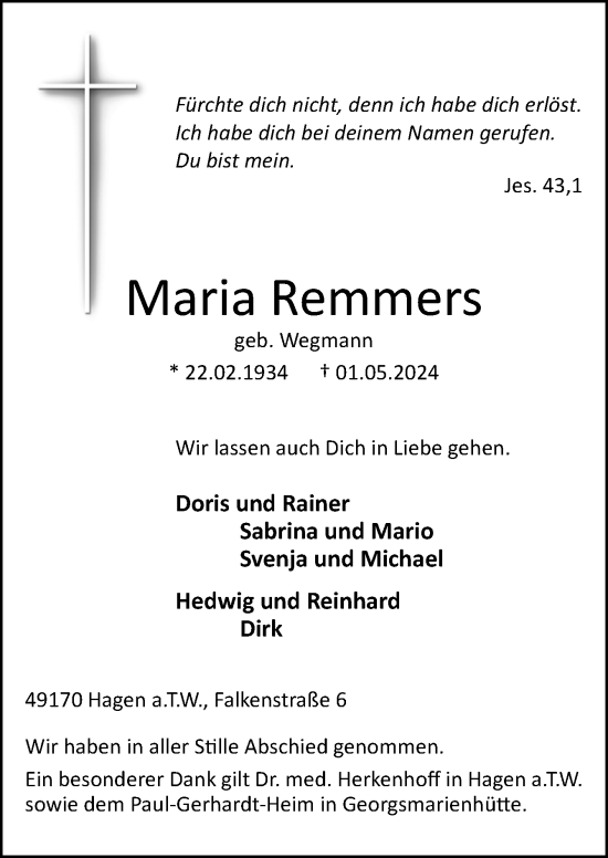 Traueranzeige von Maria Remmers von Neue Osnabrücker Zeitung GmbH & Co. KG