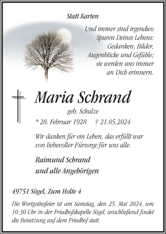 Traueranzeige von Maria Schrand von Neue Osnabrücker Zeitung GmbH & Co. KG