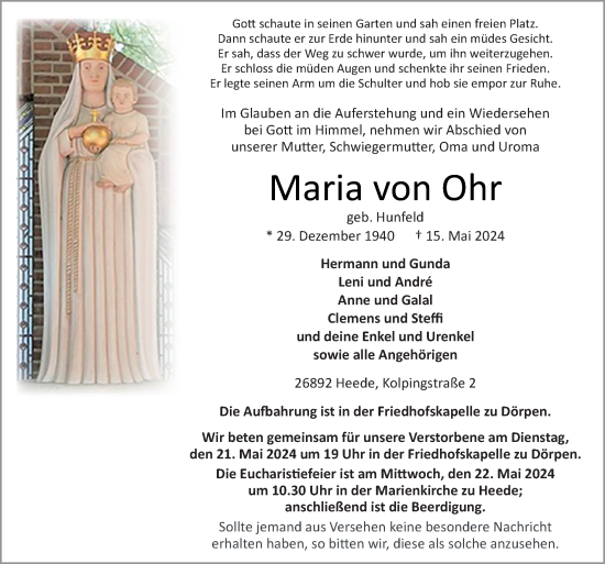Traueranzeige von Maria von Ohr von Neue Osnabrücker Zeitung GmbH & Co. KG