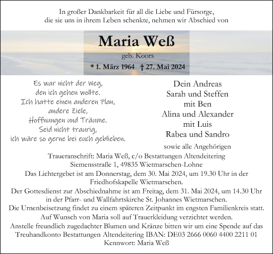 Traueranzeige von Maria Weß von Neue Osnabrücker Zeitung GmbH & Co. KG