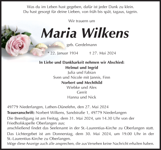 Traueranzeige von Maria Wilkens von Neue Osnabrücker Zeitung GmbH & Co. KG