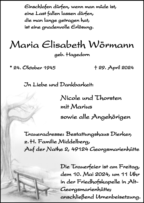 Traueranzeige von Maria Elisabeth Wörmann von Neue Osnabrücker Zeitung GmbH & Co. KG