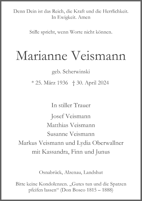 Traueranzeige von Marianne Veismann von Neue Osnabrücker Zeitung GmbH & Co. KG