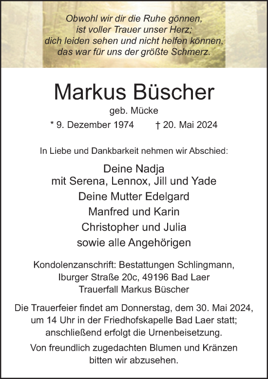 Traueranzeige von Markus Büscher von Neue Osnabrücker Zeitung GmbH & Co. KG