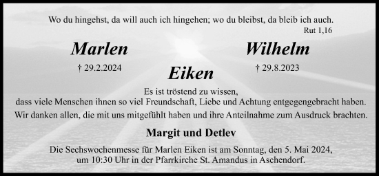 Traueranzeige von Marlen und Wilhelm Eiken von Neue Osnabrücker Zeitung GmbH & Co. KG
