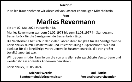 Traueranzeige von Marlies Revermann von Neue Osnabrücker Zeitung GmbH & Co. KG