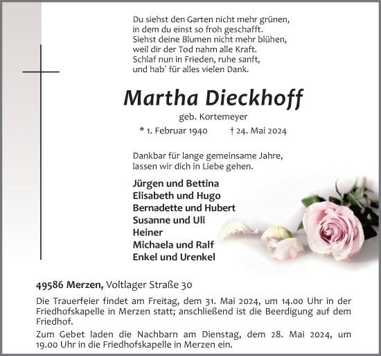 Traueranzeige von Martha Dieckhoff von Neue Osnabrücker Zeitung GmbH & Co. KG