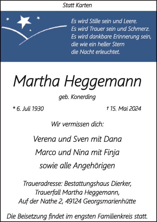 Traueranzeige von Martha Heggemann von Neue Osnabrücker Zeitung GmbH & Co. KG