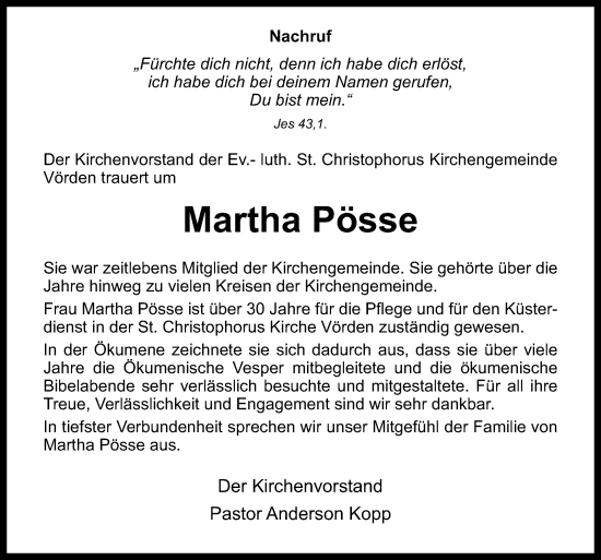 Traueranzeige von Martha Pösse von Neue Osnabrücker Zeitung GmbH & Co. KG