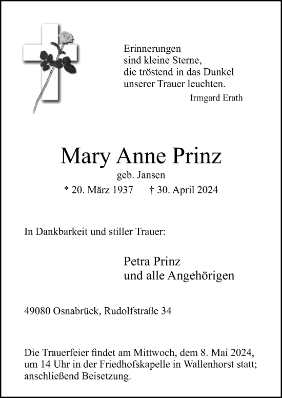 Traueranzeige von Mary Anne Prinz von Neue Osnabrücker Zeitung GmbH & Co. KG