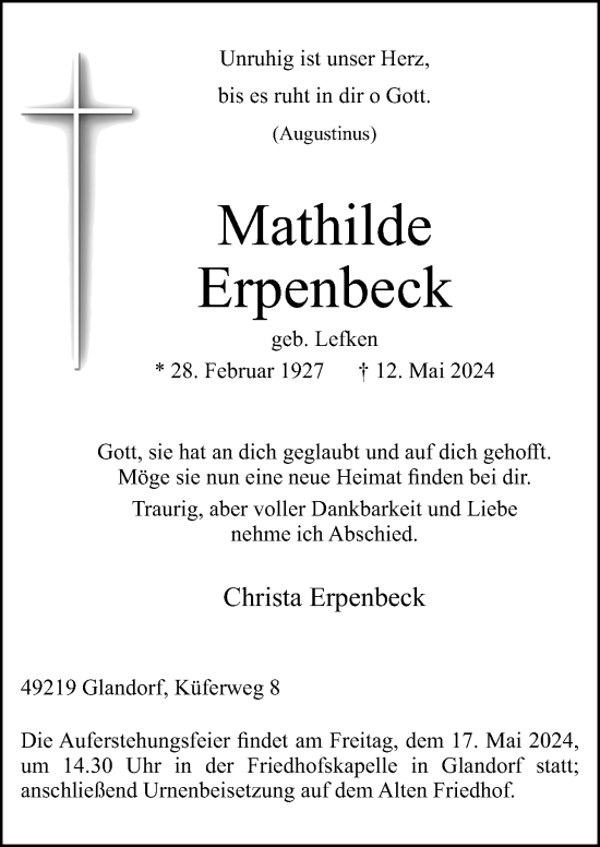 Traueranzeige von Mathilde Erpenbeck von Neue Osnabrücker Zeitung GmbH & Co. KG