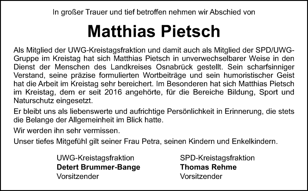  Traueranzeige für Matthias Pietsch vom 31.05.2024 aus Neue Osnabrücker Zeitung GmbH & Co. KG