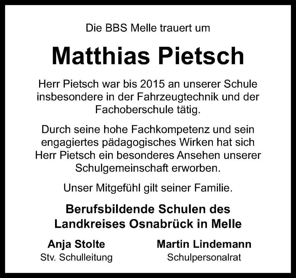  Traueranzeige für Matthias Pietsch vom 30.05.2024 aus Neue Osnabrücker Zeitung GmbH & Co. KG
