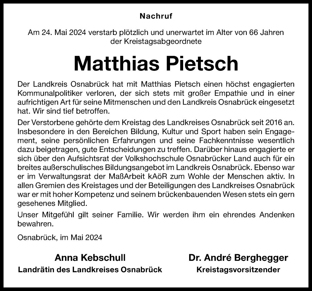  Traueranzeige für Matthias Pietsch vom 30.05.2024 aus Neue Osnabrücker Zeitung GmbH & Co. KG