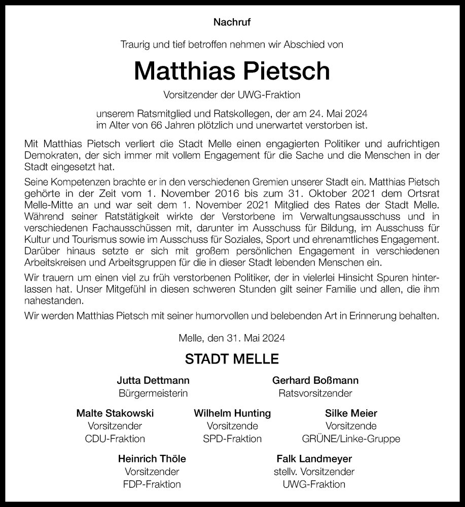  Traueranzeige für Matthias Pietsch vom 31.05.2024 aus Neue Osnabrücker Zeitung GmbH & Co. KG
